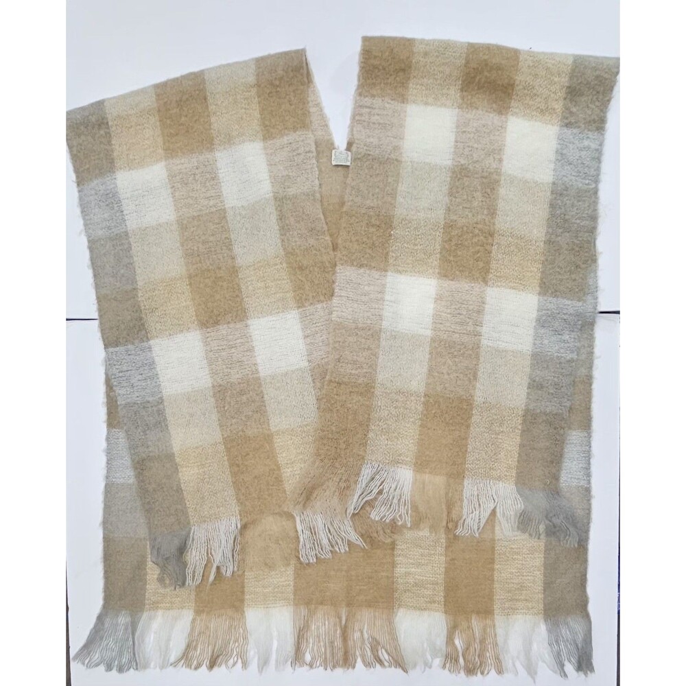Vintage 70s Elwin Plaid Fringe Poncho Cape Made in Japan Beige Cream Wool Blend